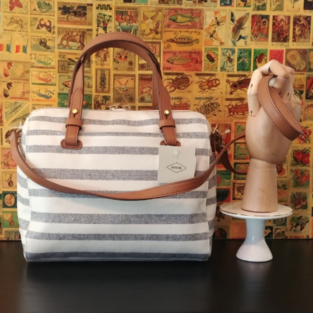 NEW! Fossil Rachel Satchel Blue Stripe Crossbody - Picture 2 of 7